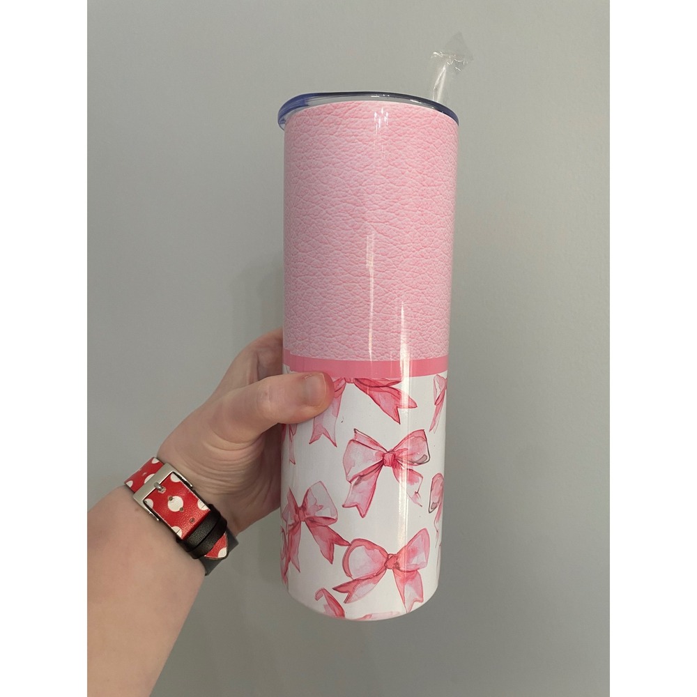 Skinny Tumbler Women 20oz Pink White Coquette Watercolor Bows Faux Leather Print - Picture 5 of 8